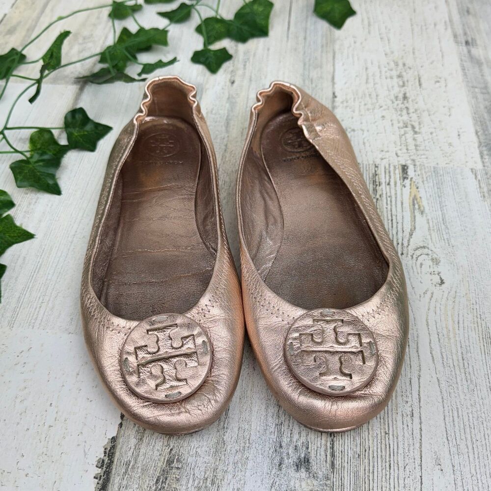 Tory Burch Minnie Travel Flats Sparkle Pink Metallic Leather 6 Pave Logo